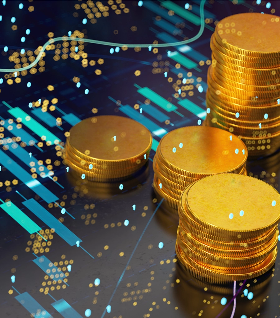 Stacks of gold coins on digital background