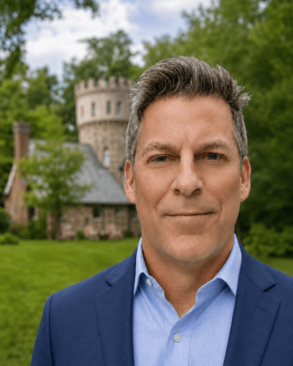 Middle-aged man in blue suit before stone tower
